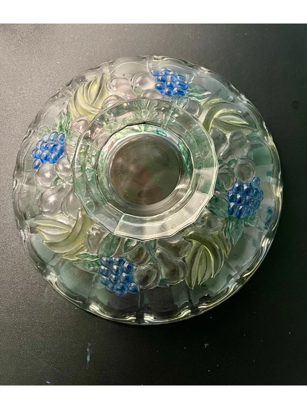 Indiana Glass 1960s Garland Blue Grape Banana Fruit Footed Console Bowl, 12x3.5”